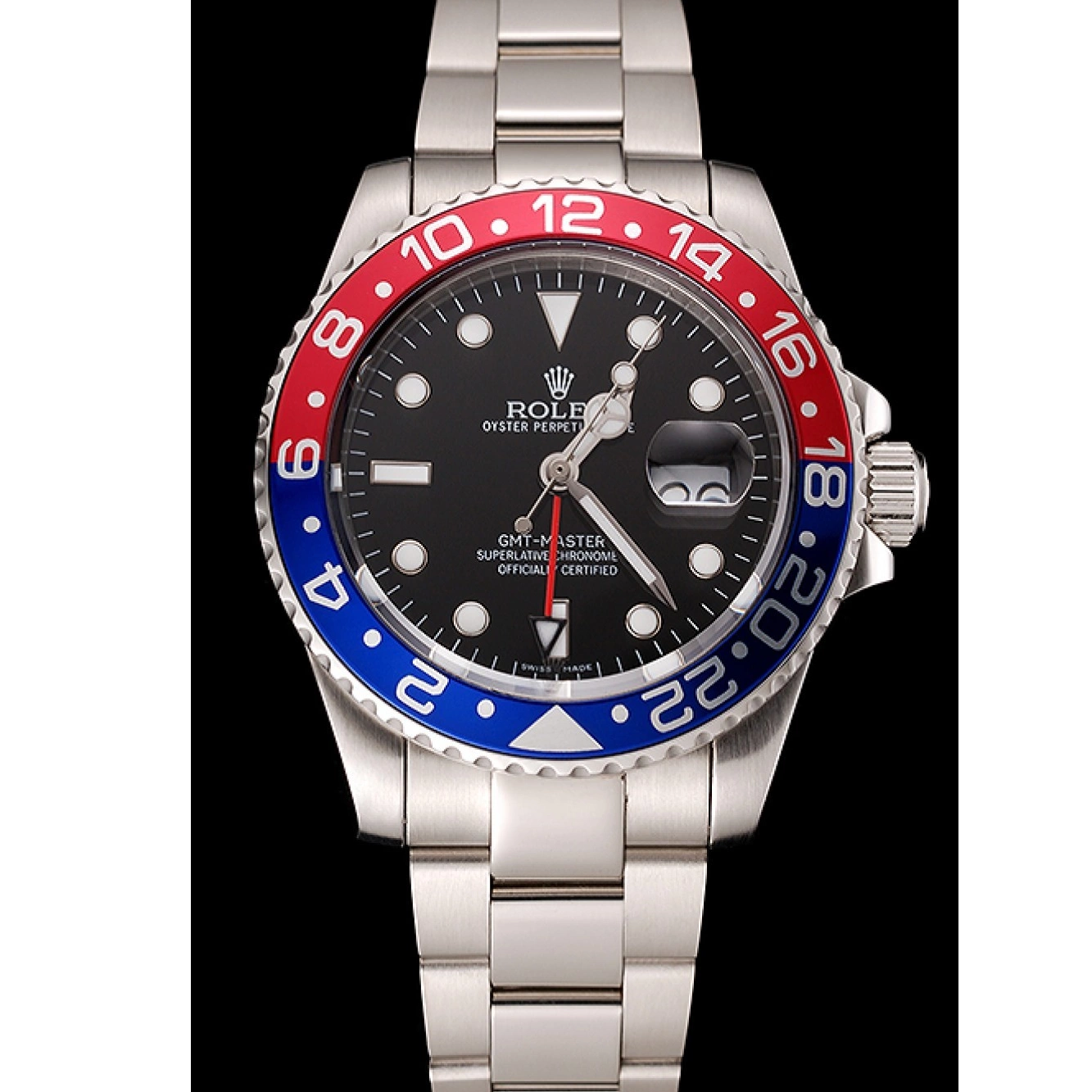Aaa replica watch 1453751 Swiss Pepsi GMT II Rolex Bracelet Master Black Bezel Dial Steel Case Stainless And 0603